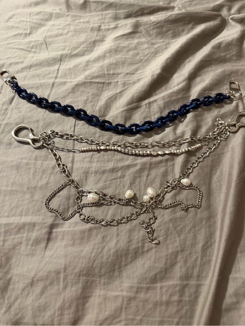 Free People navy blue and silver layered chain belt with pearls